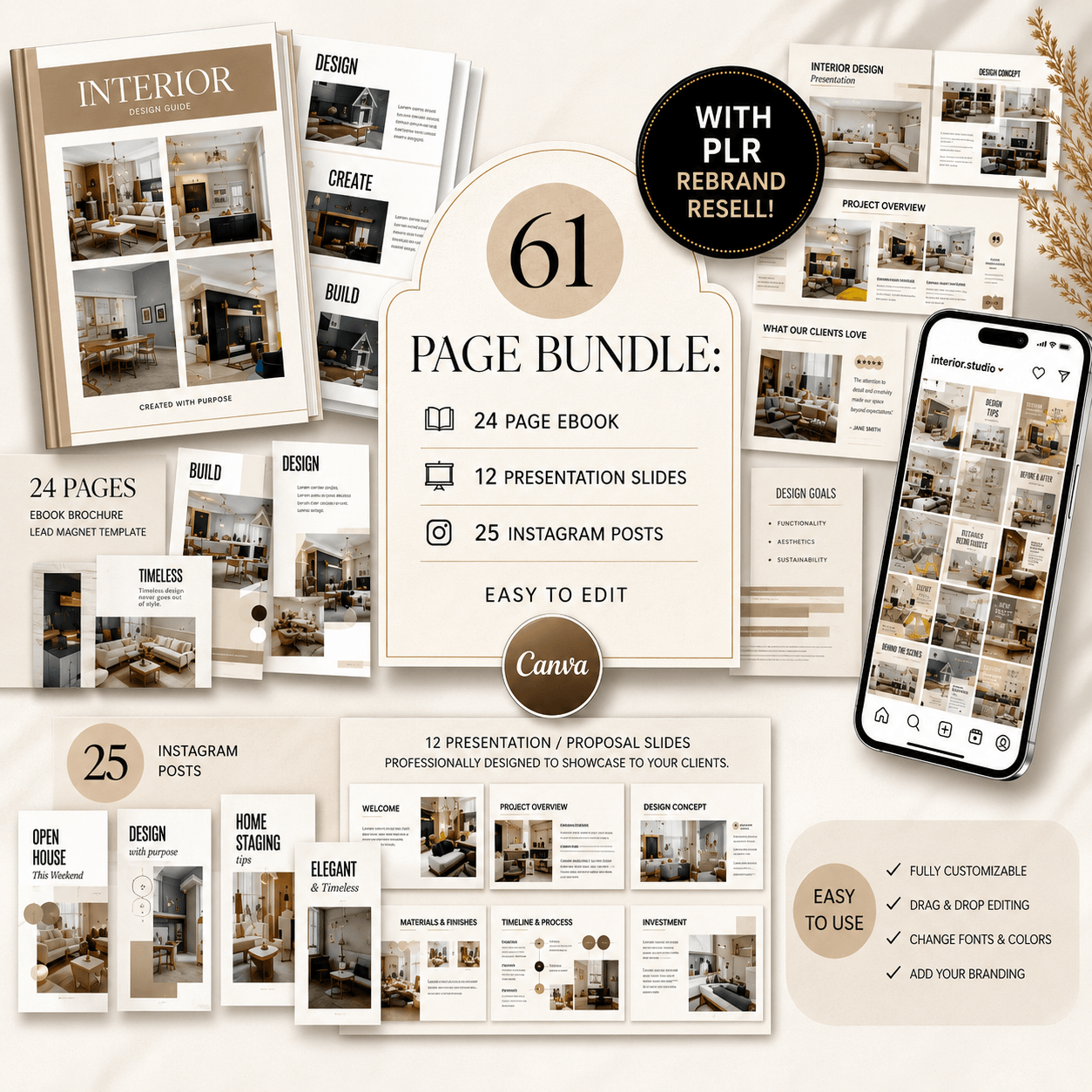 Interior Design Canva Template Bundle – 61 Pages + PLR Rights