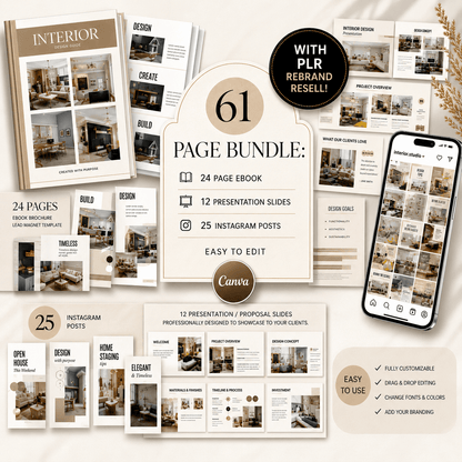 Interior Design Canva Template Bundle – 61 Pages + PLR Rights