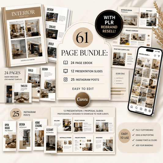 Interior Design Canva Template Bundle – 61 Pages + PLR Rights