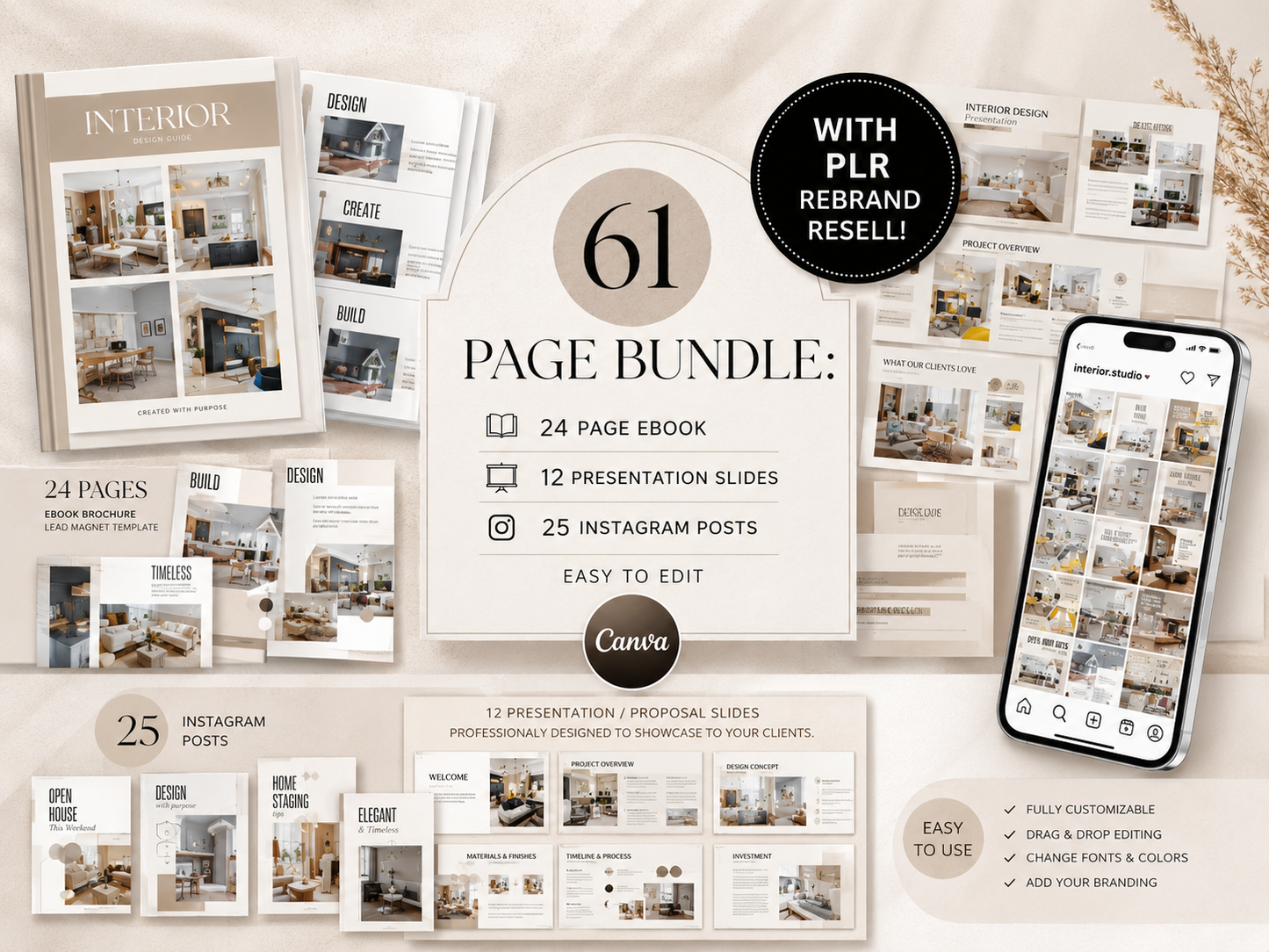 Interior Design Canva Template Bundle – 61 Pages + PLR Rights