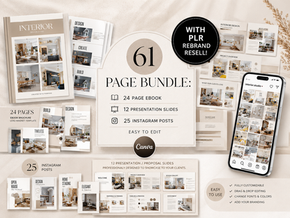 Interior Design Canva Template Bundle – 61 Pages + PLR Rights