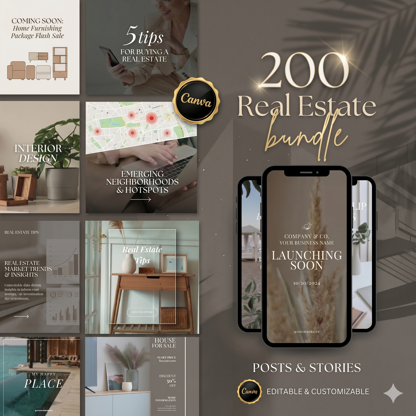 Luxury Real Estate Canva Marketing Bundle – 200 Templates + PLR/MRR Rights